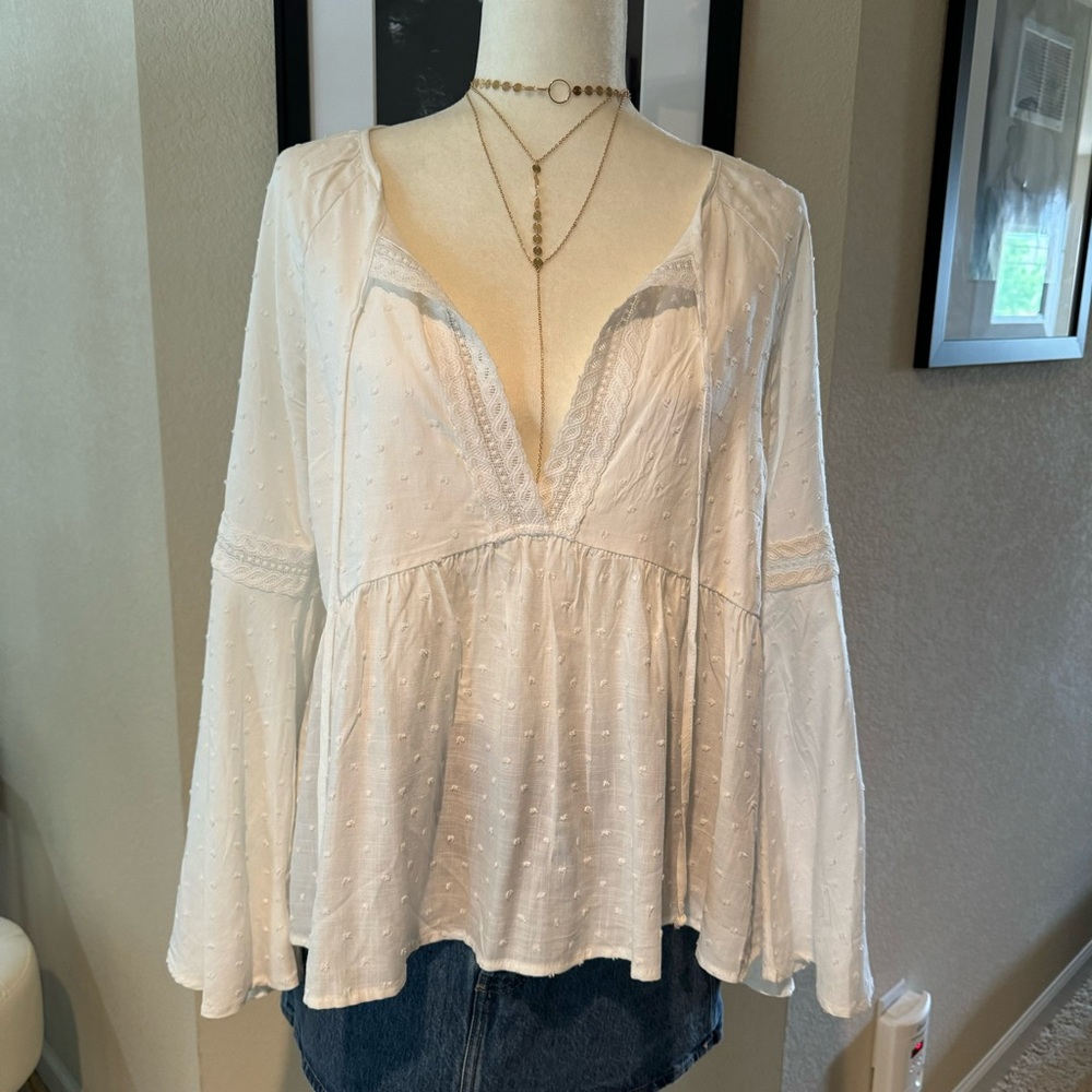 White Bell Sleeve Swiss Dot Flowy Top